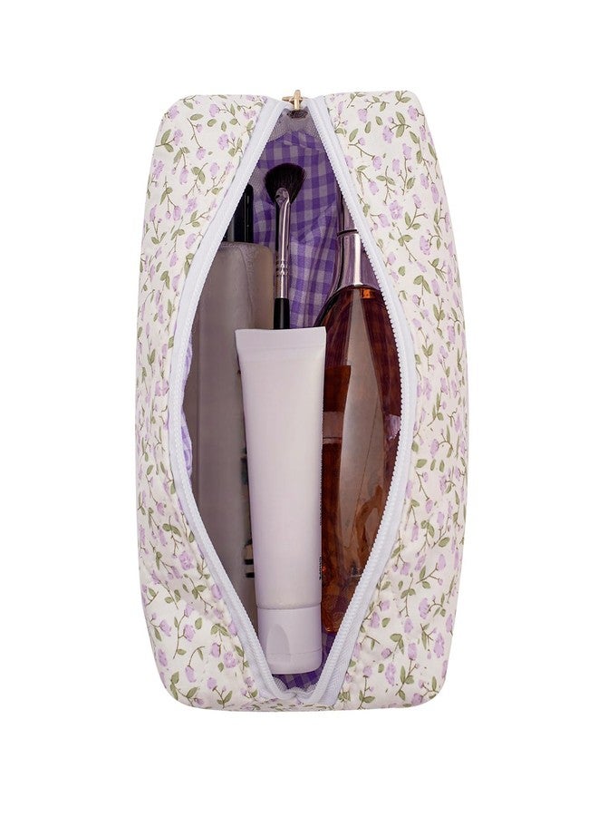 WHHJM Cute Floral Makeup Bag Small Cotton Quilted Cosmetic Bag, Aesthetic Essential Bag Toiletry Period Bag for Women Travel Accessories (Purple Flowers) - Image 2