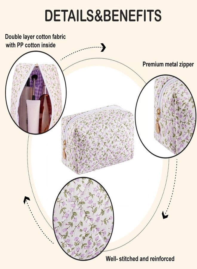 WHHJM Cute Floral Makeup Bag Small Cotton Quilted Cosmetic Bag, Aesthetic Essential Bag Toiletry Period Bag for Women Travel Accessories (Purple Flowers) - Image 4