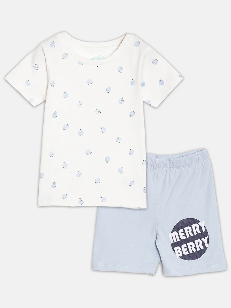 Broon Broon Infant Boys White and Light Blue Printed Organic Cotton T-shirt with Shorts Set