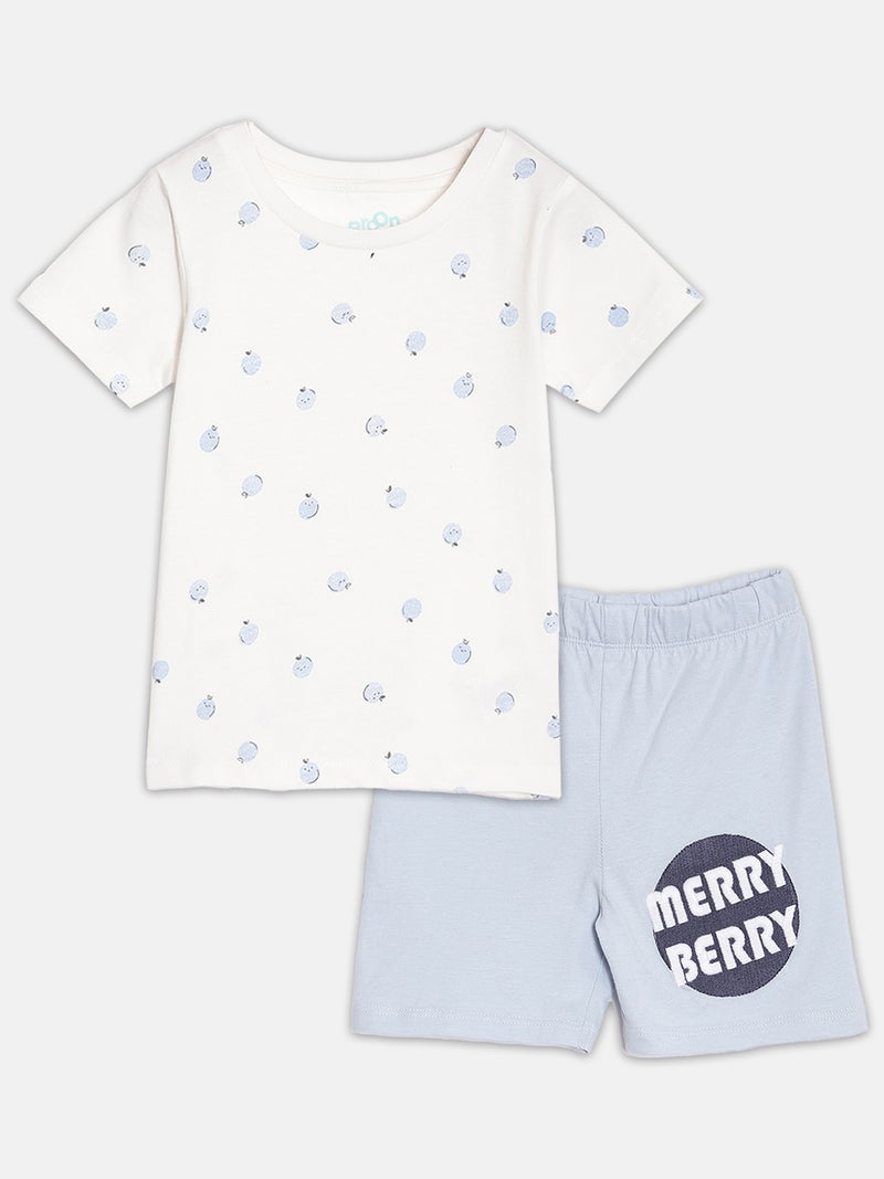 برون طقم تي شيرت وشورت قطن عضوي مطبوع للأطفال الرضع من برون - أبيض وأزرق فاتح - Image 1