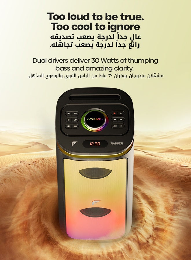 Faster X500 Portable Bluetooth Speaker 30W - Outdoor Party Speaker with Wireless Mic - Advanced Bluetooth 5.3, TWS Modes, USB, RGB Lights, Bass Adjustment, FM Radio, TF AUX Inputs - 4 Inch Dual Woofers, Fast Charging, Multifunctional Buttons - Solid Metal Build For Camping, Outdoor Travel, Beach, Pool - Image 4