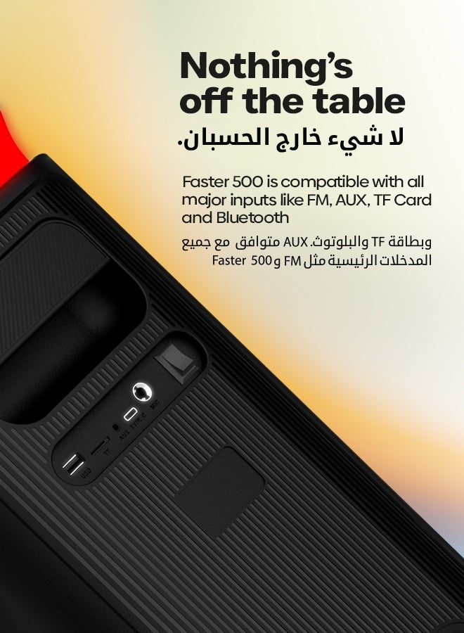 Faster X500 Portable Bluetooth Speaker 30W - Outdoor Party Speaker with Wireless Mic - Advanced Bluetooth 5.3, TWS Modes, USB, RGB Lights, Bass Adjustment, FM Radio, TF AUX Inputs - 4 Inch Dual Woofers, Fast Charging, Multifunctional Buttons - Solid Metal Build For Camping, Outdoor Travel, Beach, Pool - Image 5