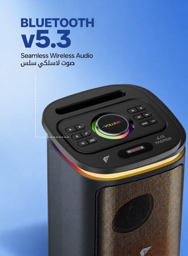 Faster X500 Portable Bluetooth Speaker 30W - Outdoor Party Speaker with Wireless Mic - Advanced Bluetooth 5.3, TWS Modes, USB, RGB Lights, Bass Adjustment, FM Radio, TF AUX Inputs - 4 Inch Dual Woofers, Fast Charging, Multifunctional Buttons - Solid Metal Build For Camping, Outdoor Travel, Beach, Pool - Image 4