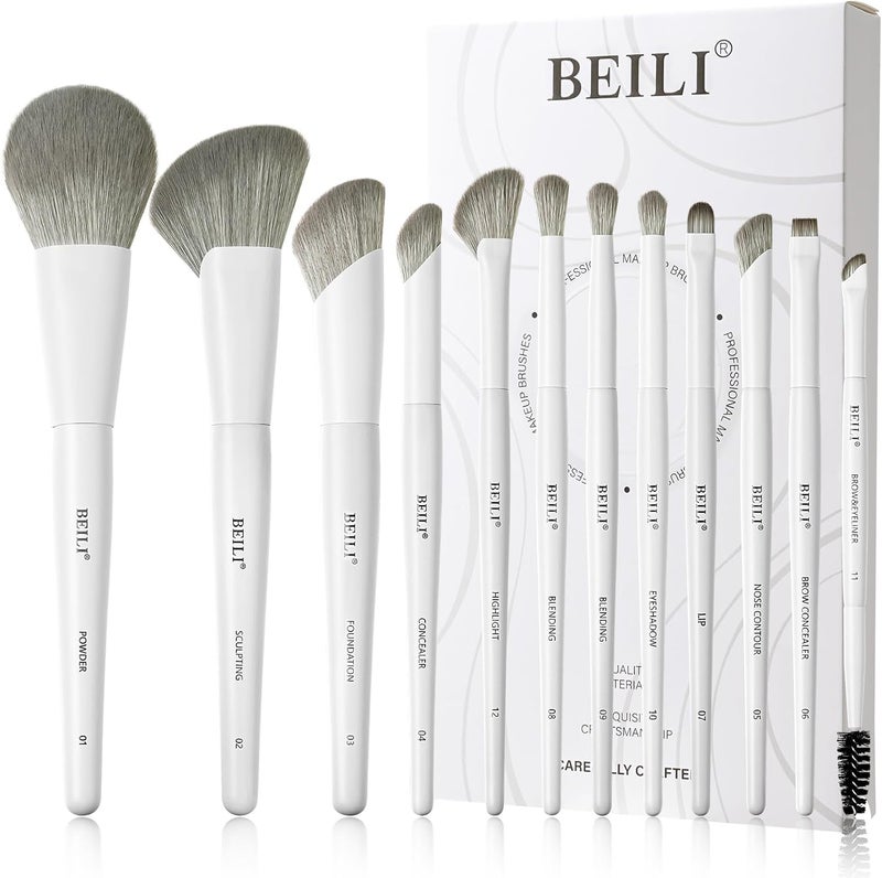 BEILI Makeup Brushes White Make Up Brushes 12 Vegan Makeup Brushes for Powder Foundation Concealer Eyebrows Eyeshadow Contour Eyeliner Blender Eye Brush WHITE