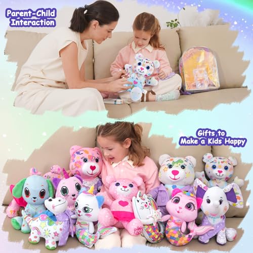 DRAWMYTOY Stuffed Animal Coloring Plush Toy with 20 Washable Markers Laser Holographic Backpack Road Trip Car Game Writing Painting Set for Girls Doodle Dolls Kids Ages 36 BirthdayBlue Bear - Image 5