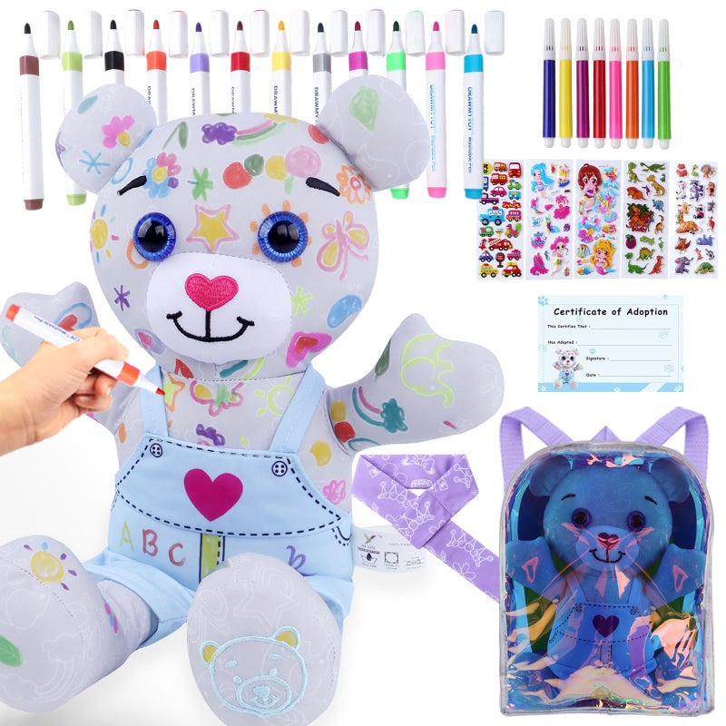 DRAWMYTOY Stuffed Animal Coloring Plush Toy with 20 Washable Markers Laser Holographic Backpack Road Trip Car Game Writing Painting Set for Girls Doodle Dolls Kids Ages 36 BirthdayBlue Bear - Image 3
