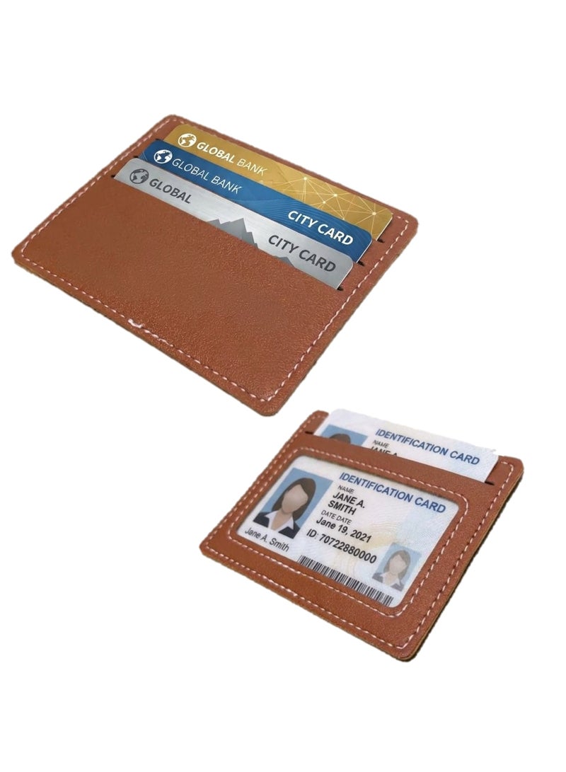 Slim Leather RFID Blocking Card Holder Wallet with Clear ID Window - Ultra Thin Minimalist Pocket Card Case for Men & Women (Brown) - Image 3