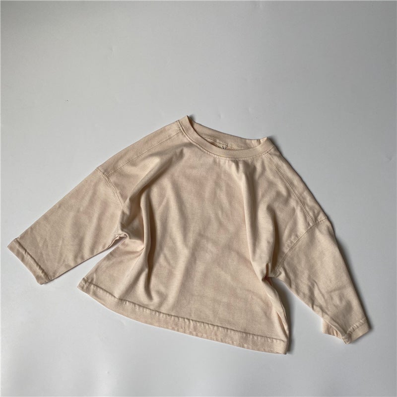 Gl-Kids Korean Style Autum New Kidsren's Washed and Distressed Long-Sleeved T-Shirt for Boys and Girls with Pure Color Tops - Image 1