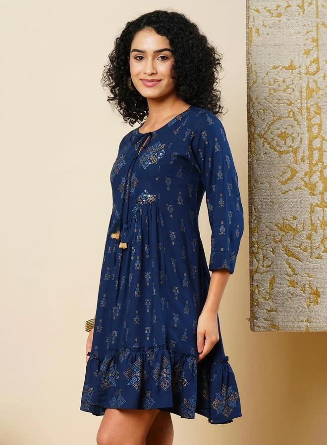 globus Globus Blue Ethnic Print Tassel Drawstring Mini Dress