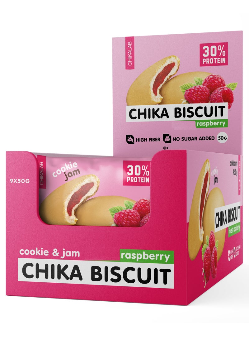 Chikalab Chika Biscuit Protein Cookie with Jam Filling Raspberry Flavor High Fiber and No Sugar Added 9x50g - Image 1