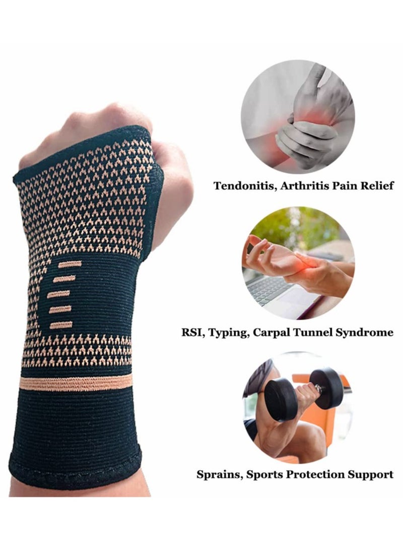 Wrist Support Brace, 1 Pair Carpal Tunnel Relief Fitness Sleeve, Copper Wrist Compression Sleeve, Elastic Breathable Wrist Support Sleeve Wrist Brace for Tendonitis, Arthritis, Sprains Pain Relief - Image 2