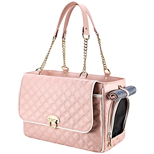 NewEle Fashion Dog Purse Carrier for Small Dogs with 2 SuperLarge Pockets Holds Up to 10lbs PU Leather Pet Cat Carrier Airline Approved Puppy Purse for Travel Pink Small Size - Image 1