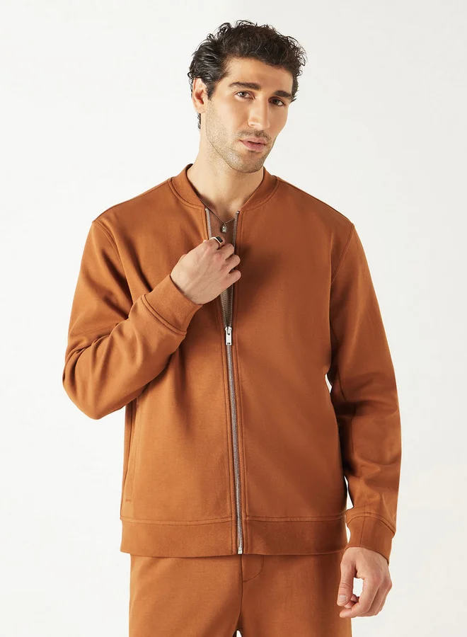 Iconic Solid Jacket with Mandarin Collar and Zip Closure