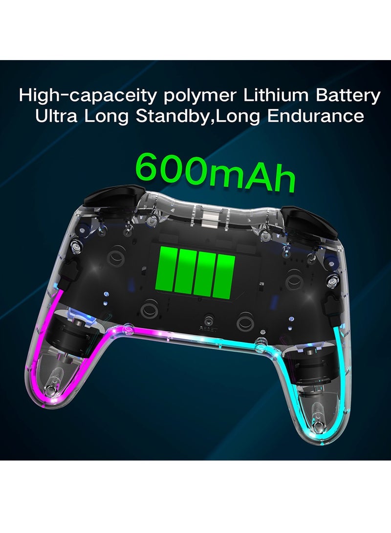 General Switch controller TURBO burst function 7-color RGB light Bluetooth wireless connection 6-axis gyroscope 3-level dual motor vibration function 600mAh large capacity battery 10 hours continuous use Compatible with Switch/PC/PS3 (transparent white)  - Image 2
