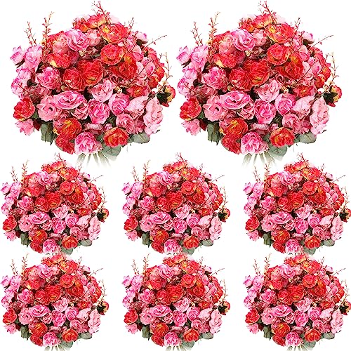 Geosar 8 Pcs Rose Artificial Flowers Fake Flowers Bouquet 21 Heads Silk Faux Floral Bundles with Stem for Home Bridal Wedding Arrangements Table Centerpieces Party Decor (Rose Red) - Image 1