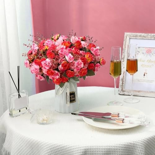 Geosar 8 Pcs Rose Artificial Flowers Fake Flowers Bouquet 21 Heads Silk Faux Floral Bundles with Stem for Home Bridal Wedding Arrangements Table Centerpieces Party Decor (Rose Red) - Image 4