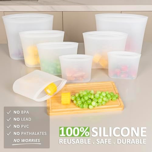 Annaklin Reusable Storage Bag, 8 Pack 100% Silicone Food Storage Bags Stand Up Zip Lock Bags for Food, Freezer Microwave Oven Dishwasher Safe, 2 X-Large(0.8 Gallon) 2 Medium 2 Small 2 X-Small, Translucent - Image 2