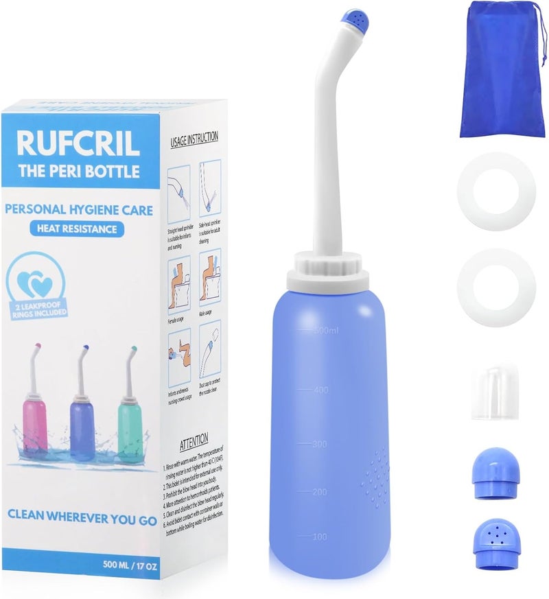 RUFCRIL زجاجة بيري RUFCRIL – بيديه محمول مع حقيبة، زجاجة TPE سعة 17 أونصة (500 مل) (قابلة للغلي)، حلقات إغلاق مزدوجة – للعناية بعد الولادة، تخفيف البواسير والنظافة الشخصية – مثالي للمنزل والسفر - Image 1
