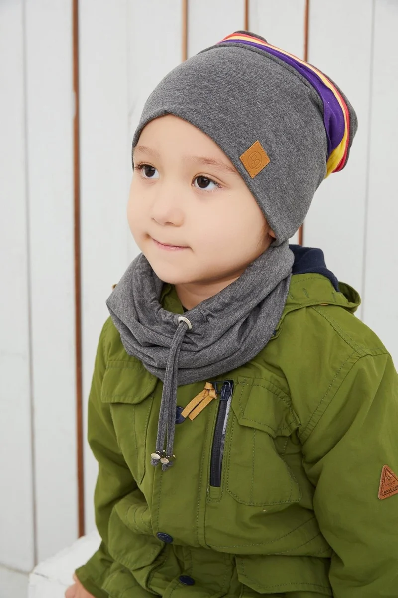 بيبيجيز Smoked Gray Kids Baby Beanie Neck Collar Set with Colorful Stripes Soft Double Layered 100% Natural Cotton Combed Cotton