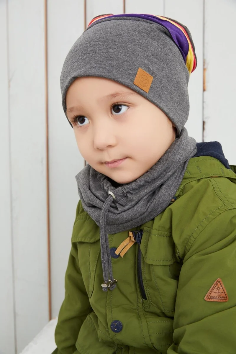 بيبيجيز Smoked Gray Kids Baby Beanie Neck Collar Set with Colorful Stripes Soft Double Layered 100% Natural Cotton Combed Cotton