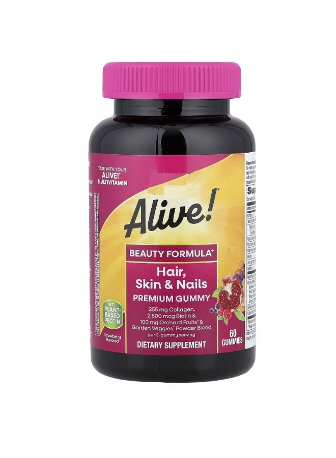 Alive! Hair, Skin & Nails Premium Gummy, Strawberry, 60 Gummies