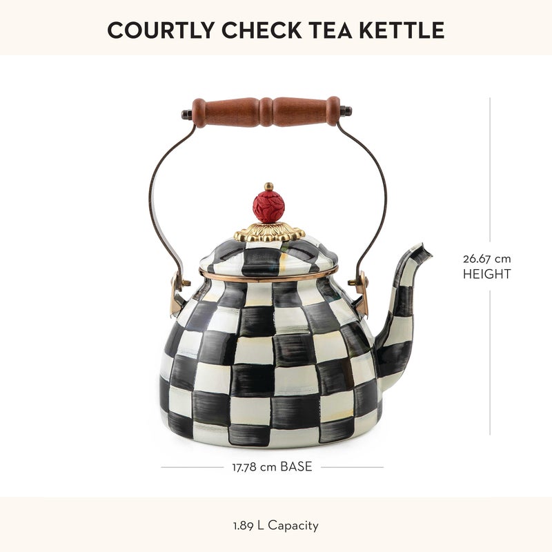 mackenzie childs MACKENZIE-CHILDS Enamel Tea Kettle, Stylish Tea Kettle for Stovetop, Black-and-White Courtly Check, 2 Quarts  - Image 4