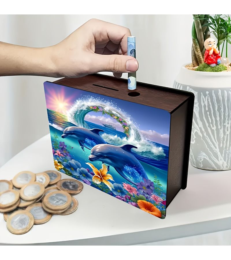 Handcrafted Wooden Coin Bank With Two Adorable Dolphins Dark Brown 1pc - Image 5