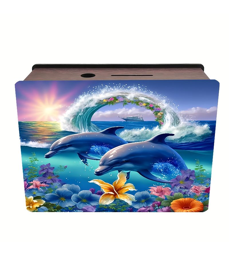 Handcrafted Wooden Coin Bank With Two Adorable Dolphins Dark Brown 1pc - Image 2