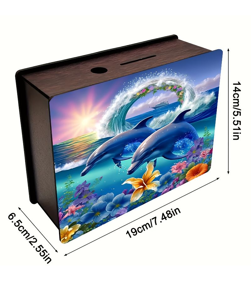 Handcrafted Wooden Coin Bank With Two Adorable Dolphins Dark Brown 1pc - Image 3
