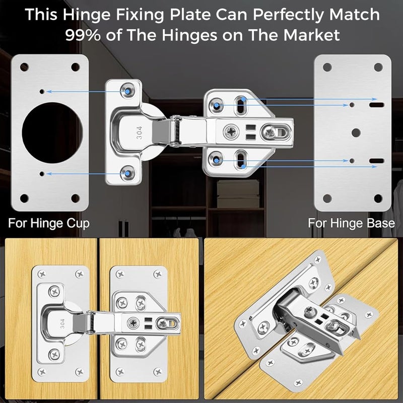 Serplex 12Pcs Hinge Repair Plates and Screws Pack Auto Concealed Hinge Plates with PrePunched Holes Universal Stainless Steel Door Hinge Plates for Doors Cabinets Cupboard Door Wardrobes - Image 3