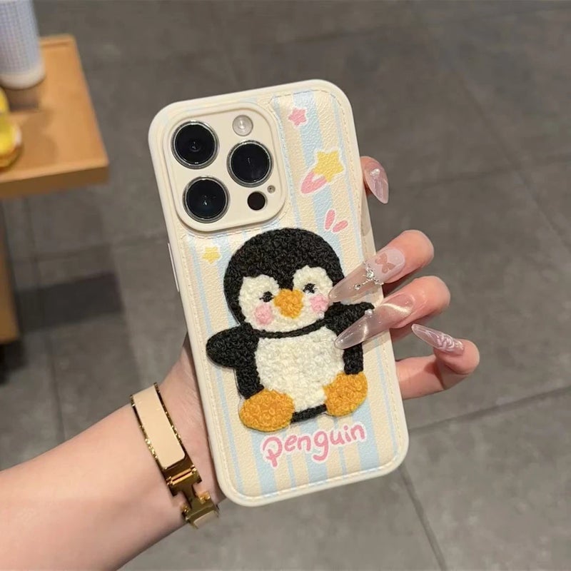 Apple iPhone 16 Pro Phone Case, TPU Shockproof, Stylish, Creative, Cartoon Embroidered Cute Penguin, Drop-Proof Soft Phone Case