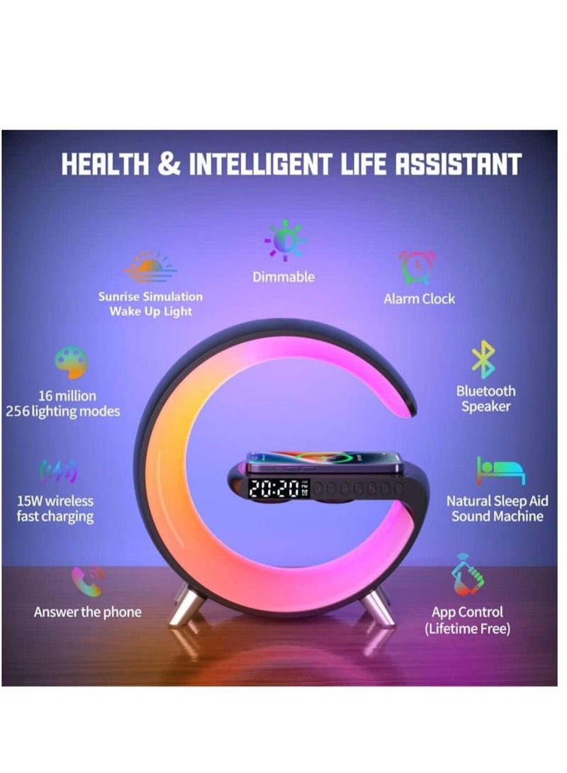 Wireless Charger Atmosphere Lamp, Portable LED Bluetooth Speaker Wireless Charger with Desk Lamp Bedside RGB Night Light, App Control Mini Music Lamp Digital Alarm Clock Speaker - Image 2