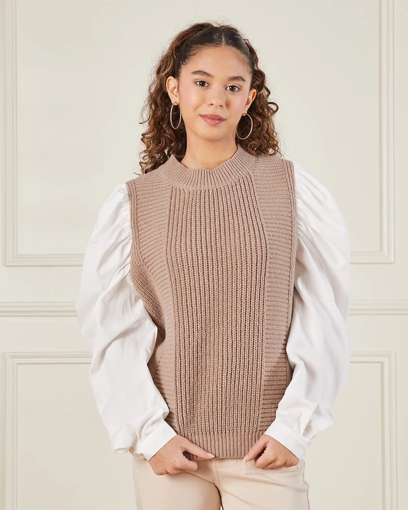 REDTAG Senior Girls Beige And Twofer Sweater