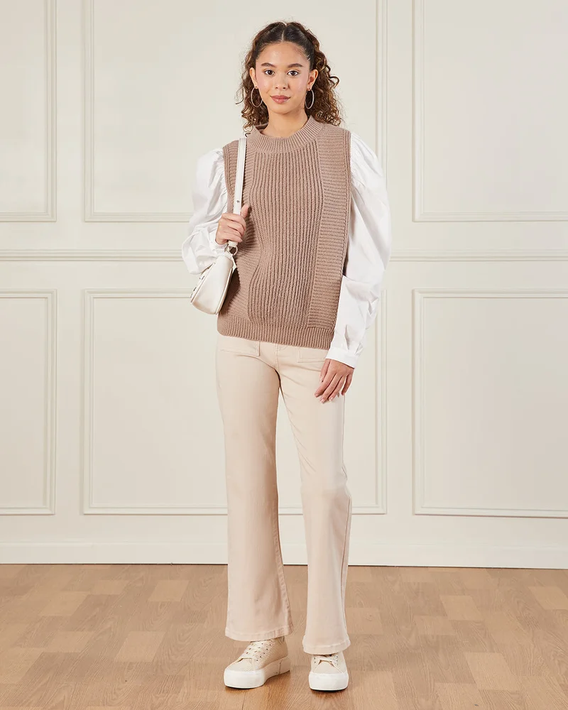 REDTAG Senior Girls Beige And Twofer Sweater