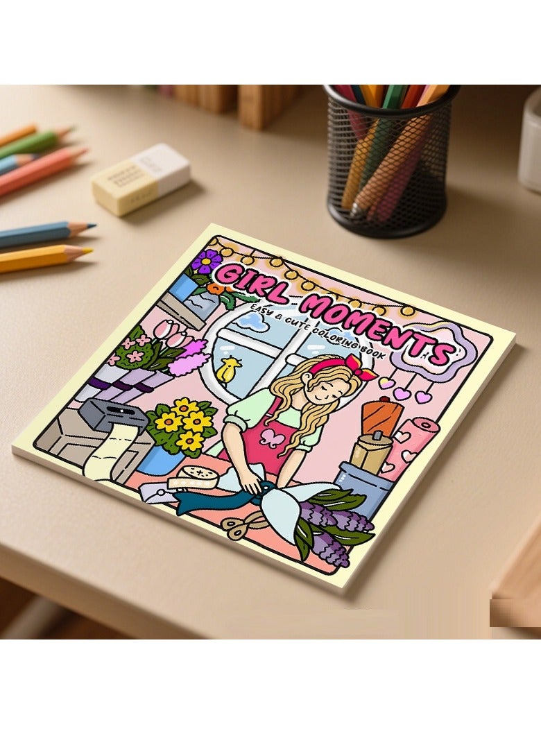 فتاة لحظات الكبار والمراهقين كتاب التلوين يضم فتاة جميلة الأنشطة اليومية للتخفيف من الإجهاد مساحات مريحة التلوين - Image 2