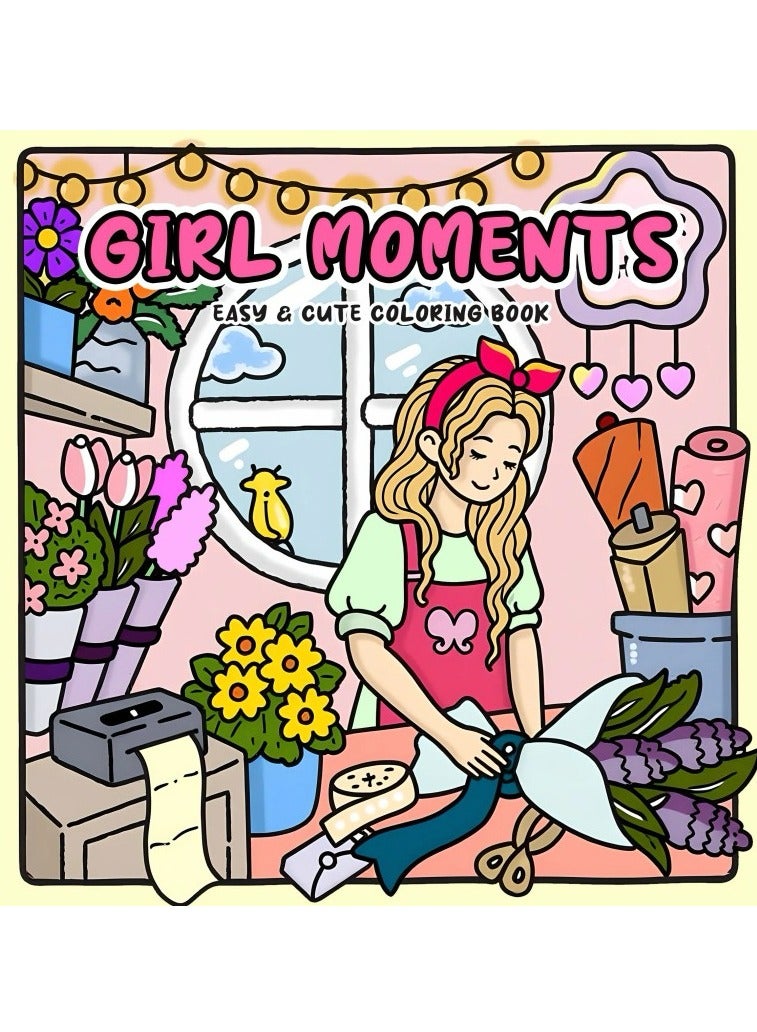 فتاة لحظات الكبار والمراهقين كتاب التلوين يضم فتاة جميلة الأنشطة اليومية للتخفيف من الإجهاد مساحات مريحة التلوين - Image 1