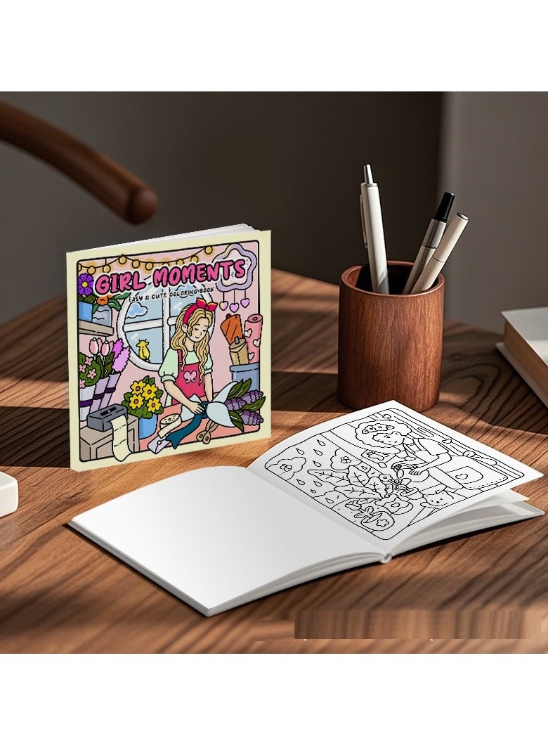 فتاة لحظات الكبار والمراهقين كتاب التلوين يضم فتاة جميلة الأنشطة اليومية للتخفيف من الإجهاد مساحات مريحة التلوين - Image 4