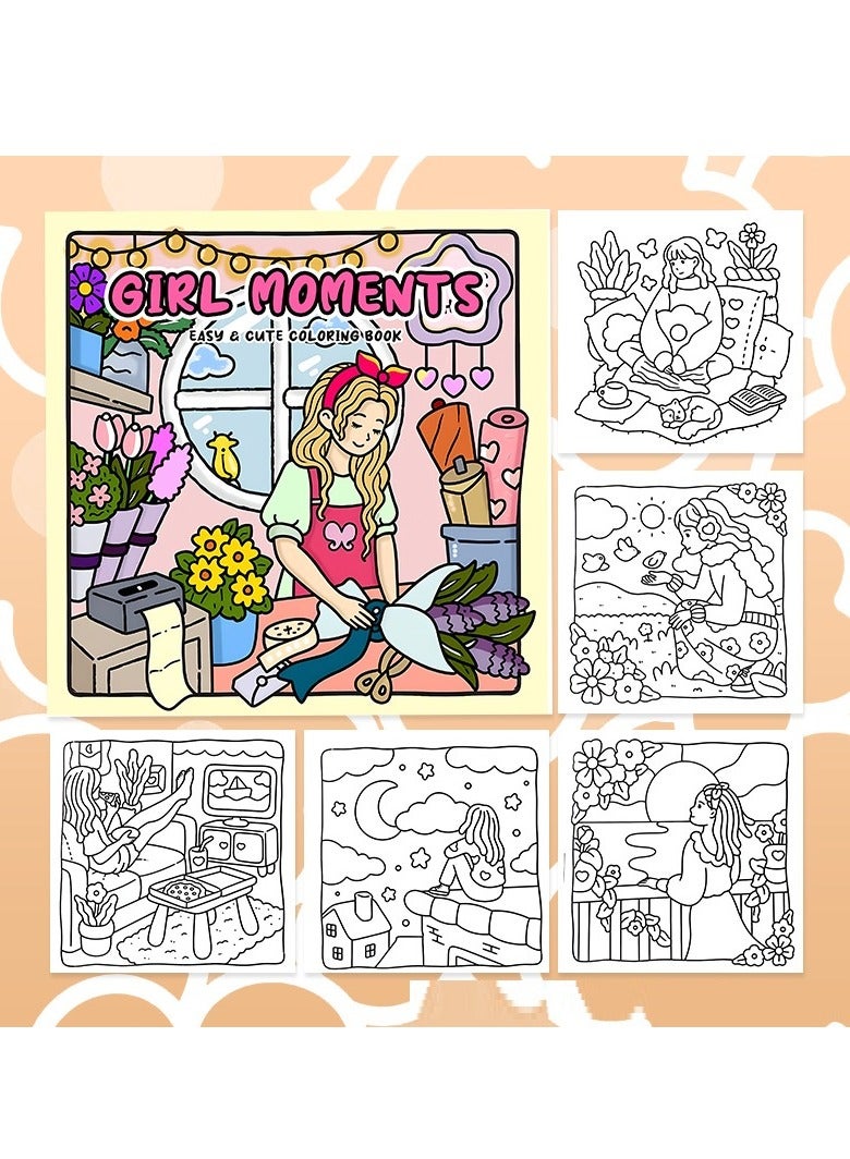 فتاة لحظات الكبار والمراهقين كتاب التلوين يضم فتاة جميلة الأنشطة اليومية للتخفيف من الإجهاد مساحات مريحة التلوين - Image 5
