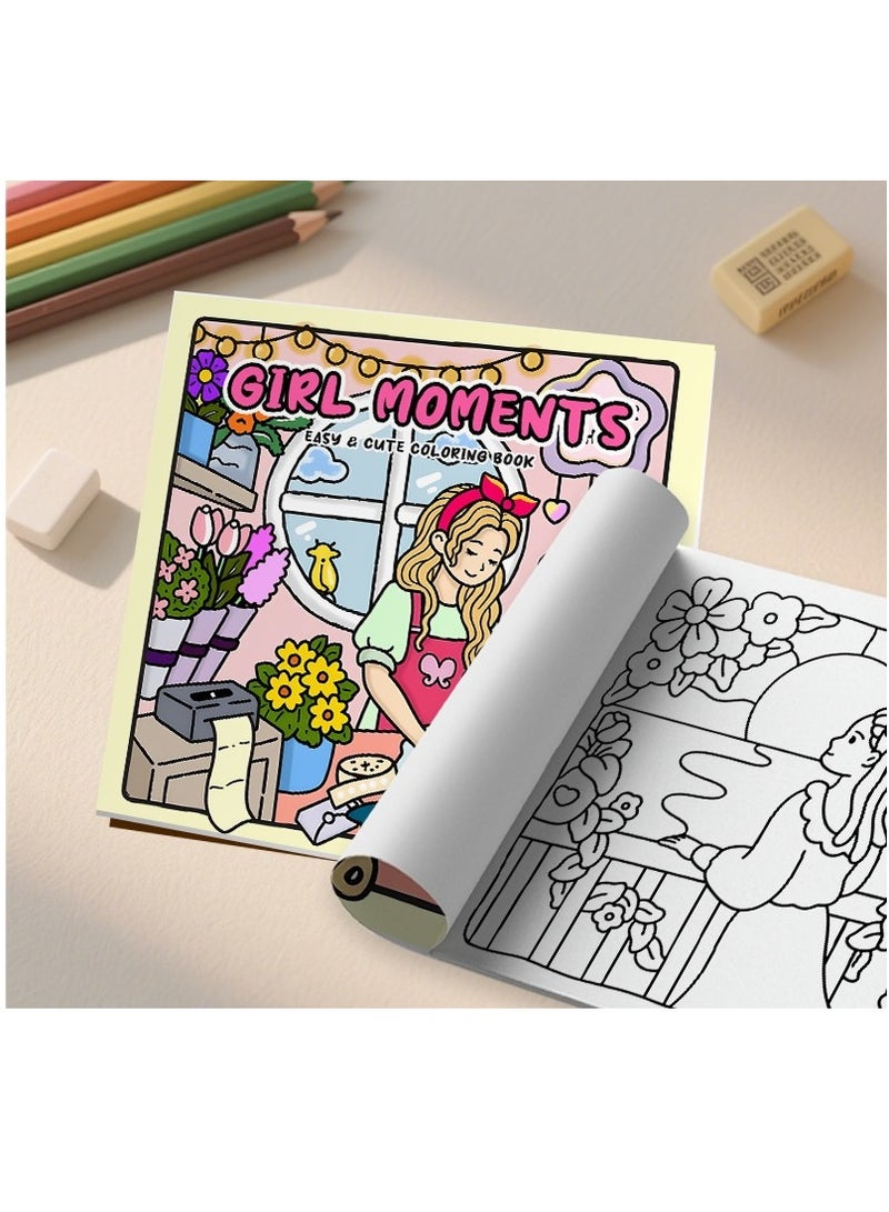 فتاة لحظات الكبار والمراهقين كتاب التلوين يضم فتاة جميلة الأنشطة اليومية للتخفيف من الإجهاد مساحات مريحة التلوين - Image 3