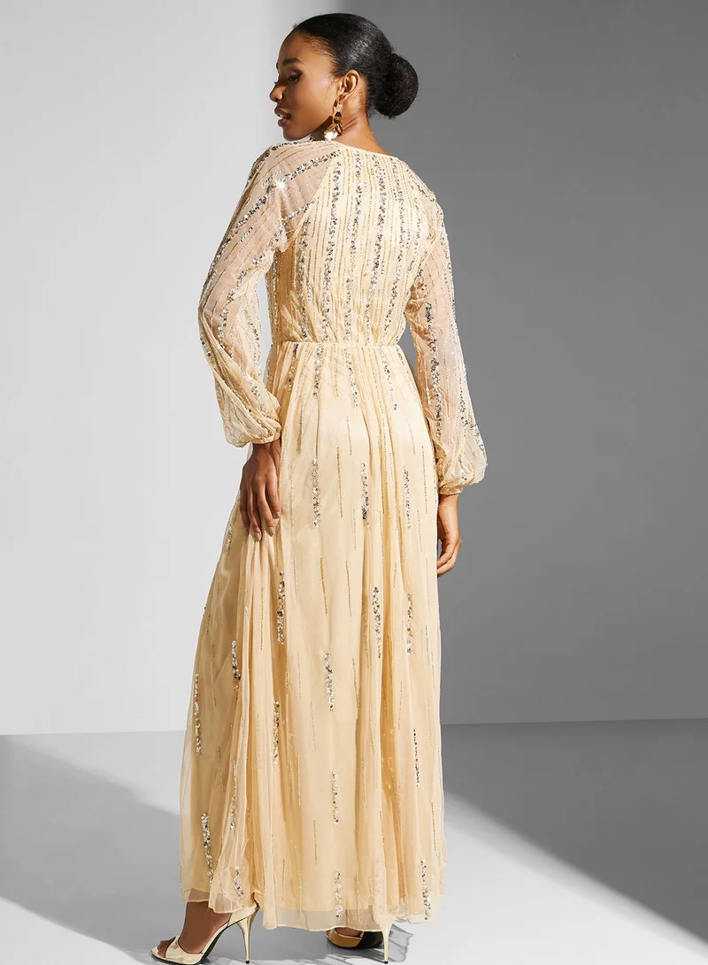 Amelia Rose Puff Sleeve Embellished  Dress
