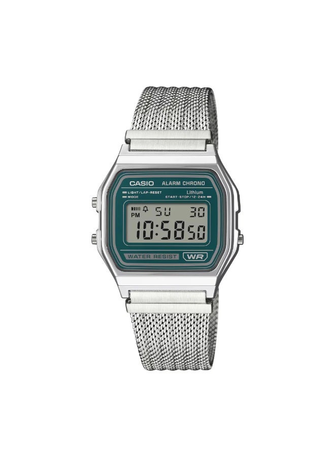 CASIO Vintage Digital Unisex Watch A158WEM-3DF, 36.8 mm Green-Tinted Dial, Chrome Plated Resin Case & Stainless Steel Mesh Bracelet, Water-Resistant - Image 1