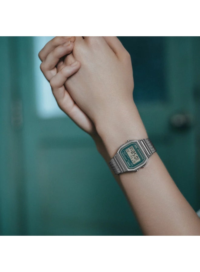 CASIO Vintage Digital Unisex Watch A158WEM-3DF, 36.8 mm Green-Tinted Dial, Chrome Plated Resin Case & Stainless Steel Mesh Bracelet, Water-Resistant - Image 2