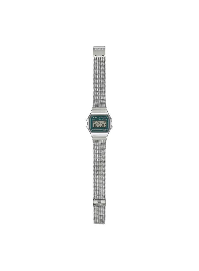 CASIO Vintage Digital Unisex Watch A158WEM-3DF, 36.8 mm Green-Tinted Dial, Chrome Plated Resin Case & Stainless Steel Mesh Bracelet, Water-Resistant - Image 4