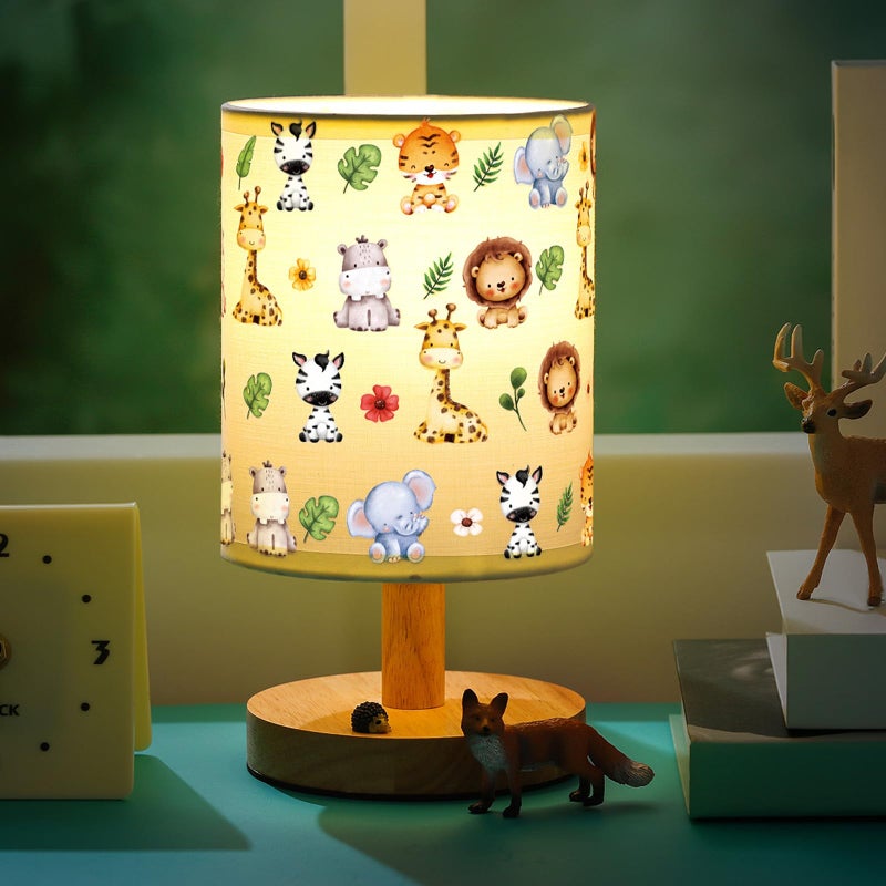 VIHOSE Safari Animal Kids Table Lamp for Bedroom Kids Bedside Lamp with Linen Wooden Nightstand Cartoon Nursery Lampshade for Girls Boys Living Room - Image 1
