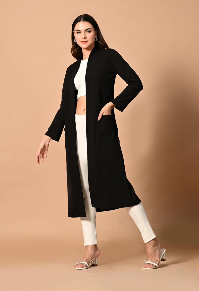IUGA Black Front Open Longline Solid Shrug for Women and Women (460) - Image 3