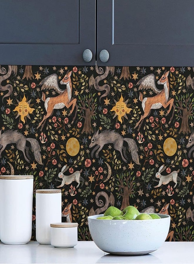 MuralPeel Dark Black Animals Sun Moon Wolf Rabbit Vintage Peel and Stick Wallpaper Self Adhesive Removable Easy Peel Off Contact Paper Stick on Wall Paper for Bedroom Cabinet Renter Friendly - Image 2