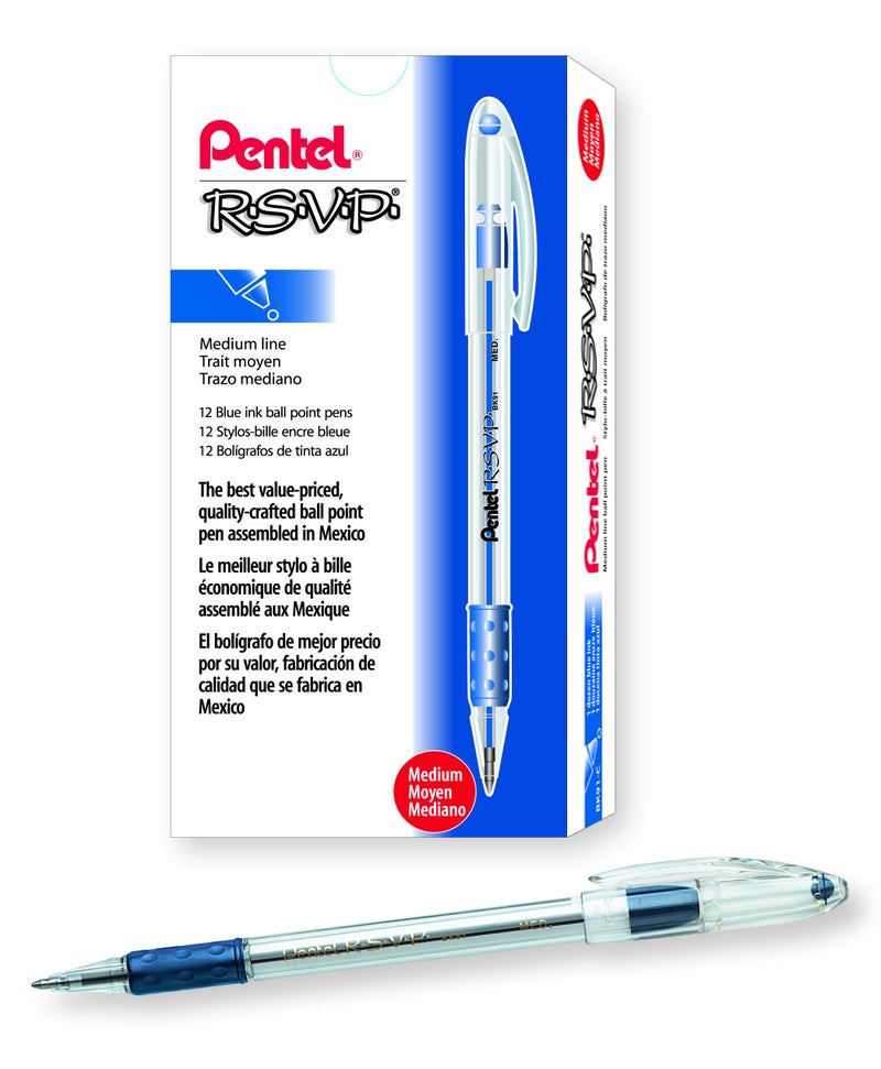 Pentel BK91C R.S.V.P. Stick Ballpoint Pen, 1mm, Trans Barrel, Blue Ink, Dozen - Image 1