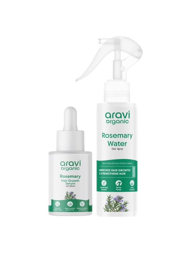Aravi Organic مجموعة العناية بالشعر العضوية من أرافي – رذاذ ماء إكليل الجبل (100 مل) + سيروم نمو الشعر (30 مل) - Image 1
