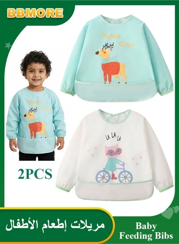 BBMORE 2Packs Baby Feeding Bibs with Sleeves and Catch-all Pocket, Waterproof Baby Long Sleeve Bibs Adjustable Fit for Ages 6-36 Months (Green) - Image 1