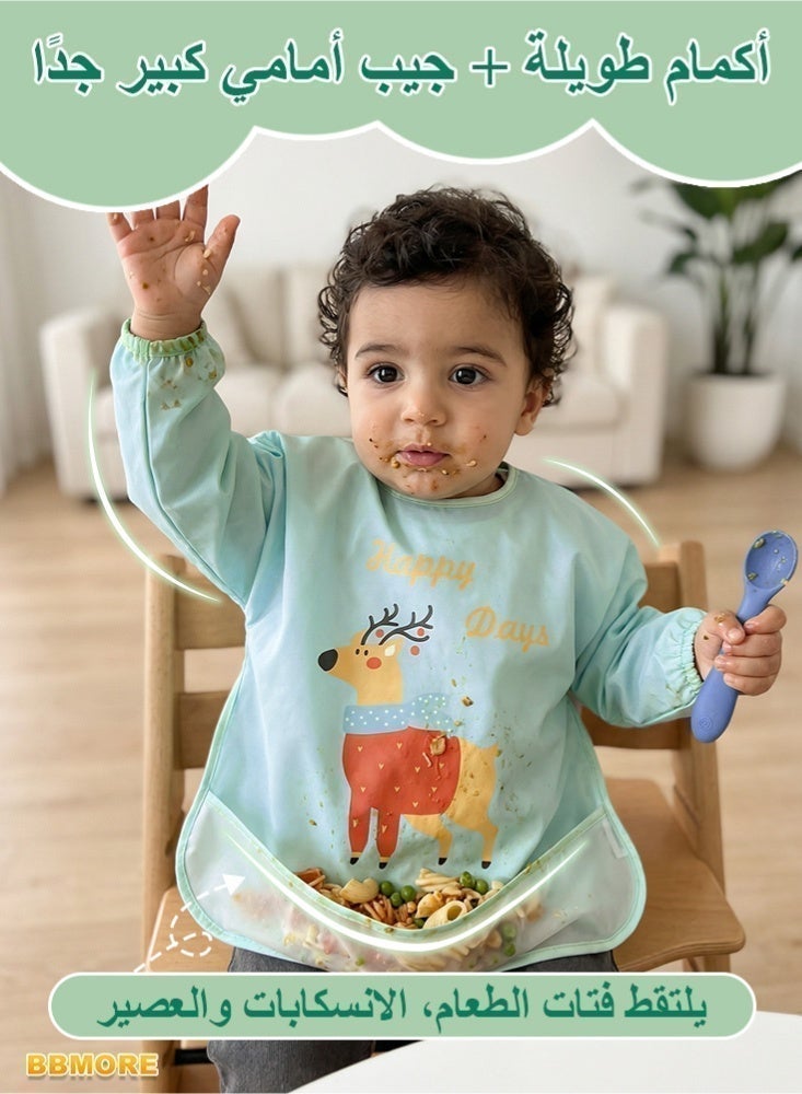 BBMORE 2Packs Baby Feeding Bibs with Sleeves and Catch-all Pocket, Waterproof Baby Long Sleeve Bibs Adjustable Fit for Ages 6-36 Months (Green) - Image 2